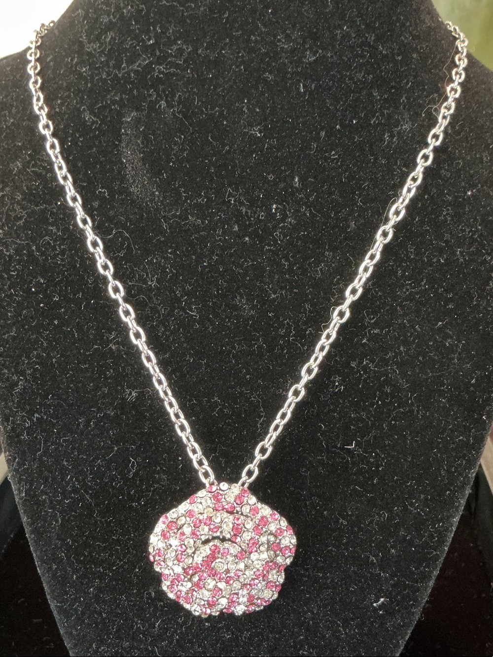 Park Lane Pink and Clear Crystal Flower Pendant Necklace/Broach